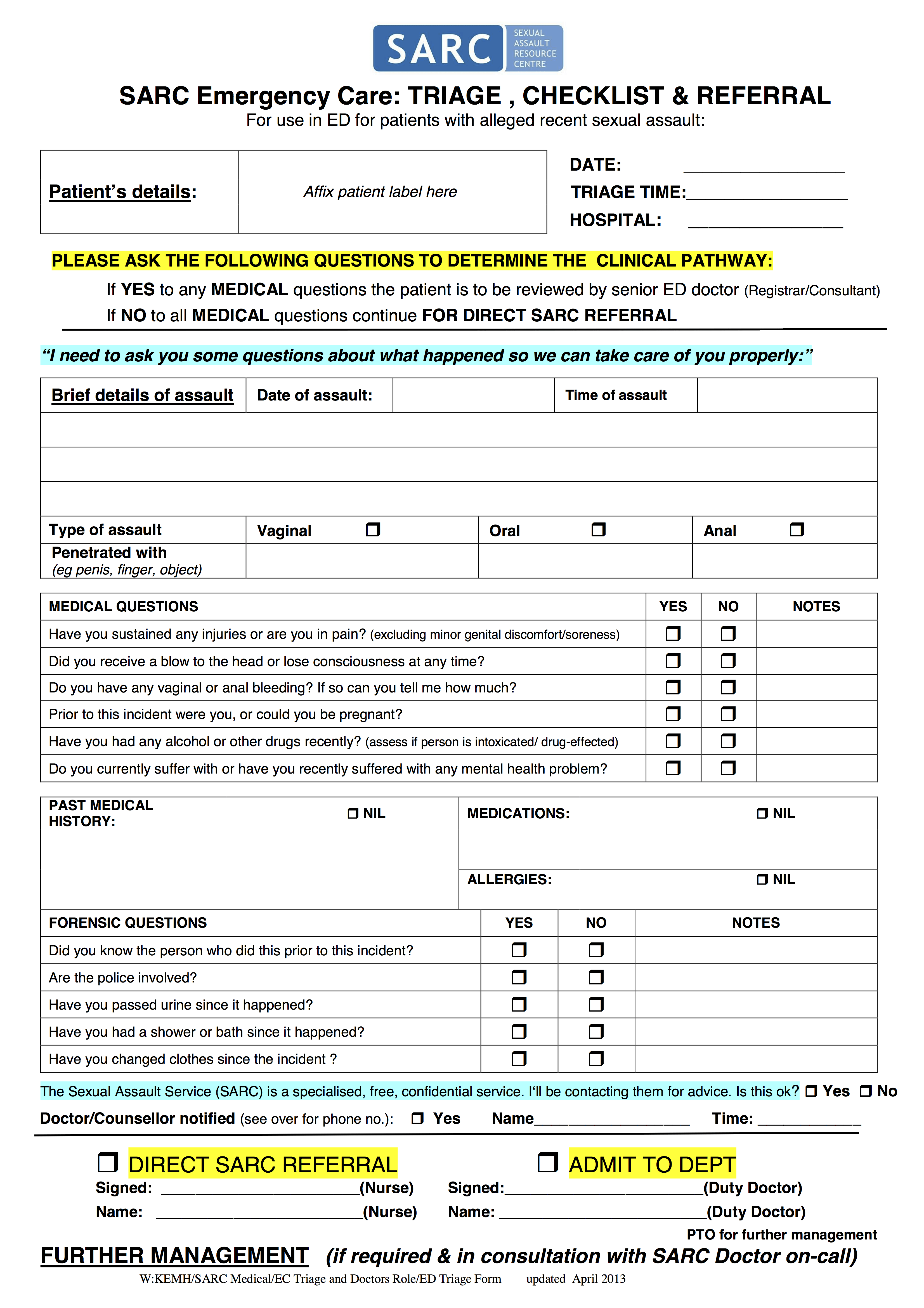 SARC ED Triage Form - Charlie's ED